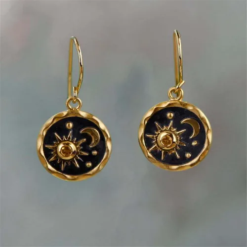Vista 4 de MALOYANVE Aretes colgantes vintage de sol y luna para mujer, únicos, ligeros, hechos a mano, retro, bohemios, dorados, plateados, redondos, joyería