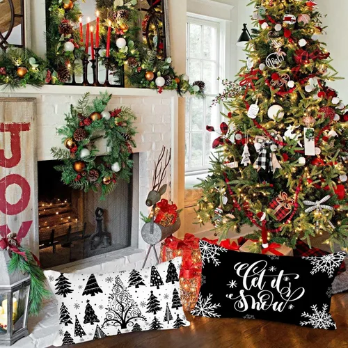 Vista 3 de Lanpn Fundas de Cojín Lumbar Navideñas de 12x20, 4 piezas, Blanco y Negro Feliz Navidad Xmas Invierno Copo de Nieve Fundas de Almohada de Cojín