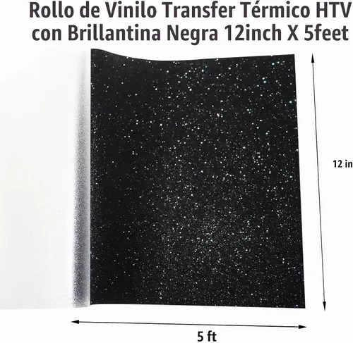 Vista 3 de Rollos de vinilo de transferencia de calor con purpurina negra, vinilo HTV de hierro negro de 12 pulgadas x 5 pies, vinilo para planchar para Negro