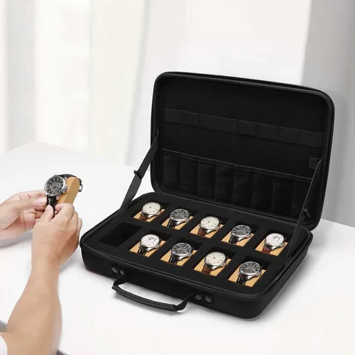 Vista 3 de MOSISO Caja de reloj, 10 ranuras para relojes, organizador de exhibición de relojes para hombres, organizador de caja de reloj portátil con asa