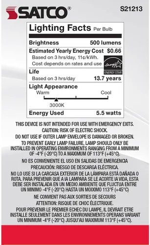 Vista 6 de Satco Bombilla LED E12 de 5.5 W, 3000 K, clasificación de 15000 horas, regulable