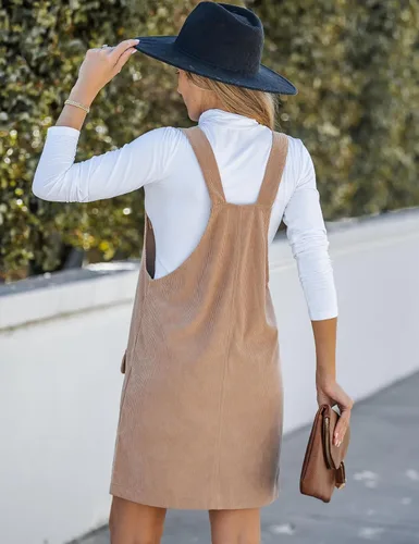Vista 34 de luvamia Vestido de pana para mujer, tirantes ajustables, casual, a la moda, overoles cortos con bolsillos