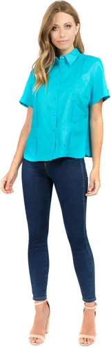 Vista 5 de Mojito Guayabera de manga corta 100% lino tradicional con cuatro bolsillos para mujer