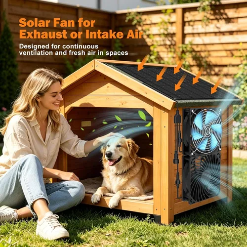 Vista 2 de Ventilador solar – Ventilador de ventilación de entrada y escape de alta velocidad dual para casa de perro, gallinero e invernadero, panel solar