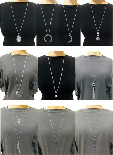 Vista 9 de 10 piezas de collar largo con dije de barra de luna simple, tres triángulos, borla bloqueo, suéter en forma de Y, gargantilla de cadena punk
