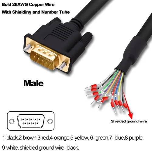 Vista 2 de DB9 conector macho RS232 RS485 9 Pin Serial Port Extension Cable D-SUB 9 Pin a cable desnudo con terminal Breakout -Negro-1M (DB9 macho)