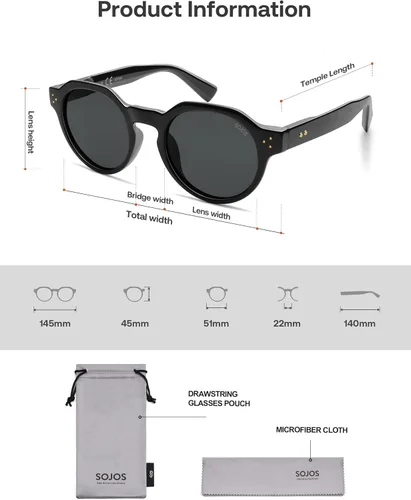 Vista 6 de SOJOS Lentes de sol polarizados retro para mujeres y hombres, gafas de sol redondas vintage de los años 90, protección UV400, SJ2623