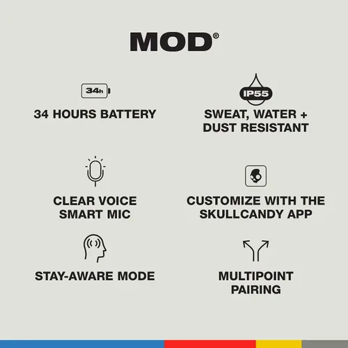 Vista 6 de Skullcandy Mod - Auriculares intrauditivos inalámbricos con Bluetooth, color gris claro/azul Bluetooth Headphones, 32 Hours Battery, Noise
