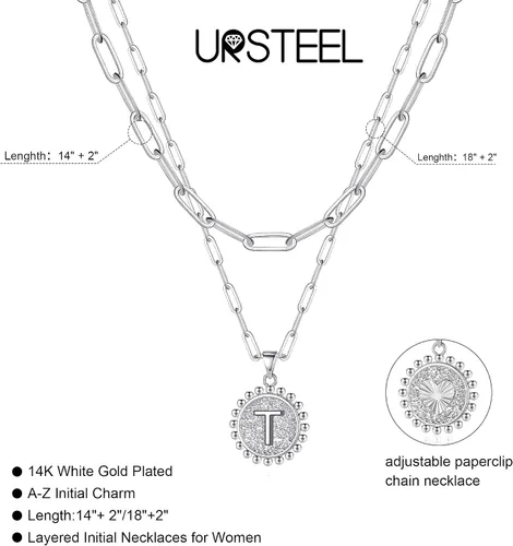 Vista 5 de Gargantilla en capas para mujer, chapada en oro de 14 quilates, cadena fina de eslabones, collar sencillo, ajustable, con dije de moneda con letra