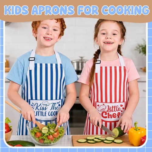 Vista 4 de Paquete de 3 delantales para niños para cocinar, ajustables, delantales divertidos con bolsillos para niños y niñas, pintura, hornear Kitchen