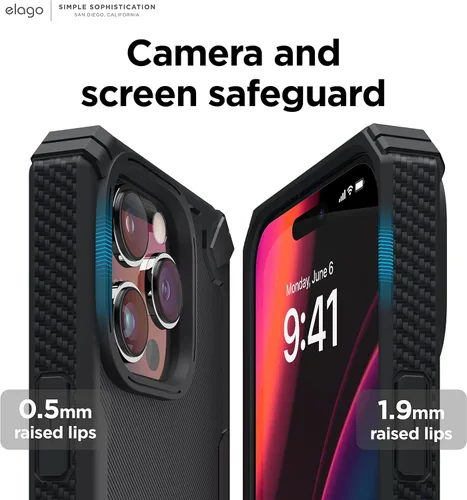Vista 5 de Elago Armor - Funda para iPhone 14 Pro Max de 6.7 pulgadas, protección contra caídas de grado militar, textura de fibra de carbono resistente, Negro
