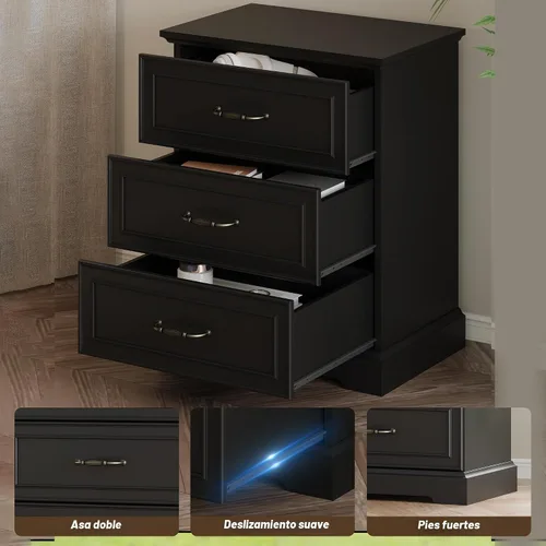 Vista 6 de Cómoda rústica de 3 cajones para dormitorio, cómoda moderna de 24 pulgadas de ancho con cajones profundos y asas de barra, mesita de noche de madera