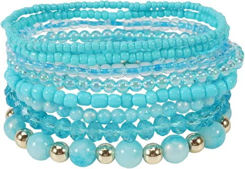 Vista 19 de Caiyao 12 pulseras apilables con cuentas de resina multicapa bohemia, pulseras elásticas de cuentas de cristal de colores, pulseras elásticas