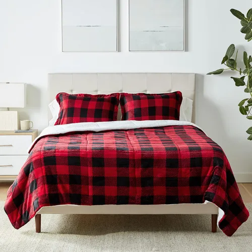 Vista 6 de Amazon Basics - Juego de ropa de cama de 3 piezas, Micromink Sherpa, ultrasuave, edredón cálido para todas las estaciones, tamaño Full/Queen, negro