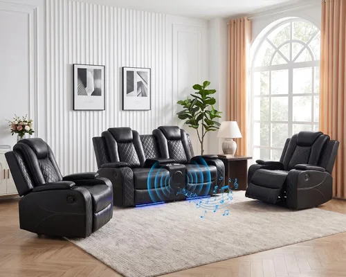 Vista 24 de Juego de sofá reclinable eléctrico con LED, juego de sofá de cuero transpirable para sala de estar, juego de sofá reclinable con puerto USB Negro