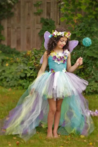 Vista 3 de Tutu Dreams Vestido de princesa de hada de tren largo para niñas de 1 a 8 años con alas para fiesta de cumpleaños
