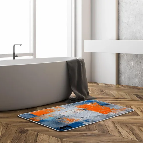 Vista 2 de Tapete de baño azul, gris y naranja, azul quemado, naranja y gris, pintura abstracta de pinceladas, arte moderno, decoración de baño, tapete