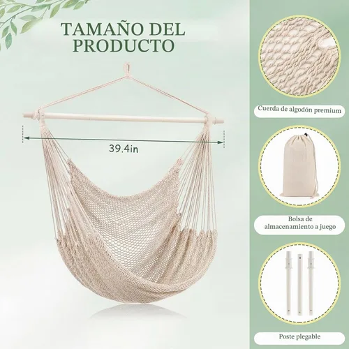 Vista 2 de Barydat 2 sillas colgantes tipo hamaca estilo bohemio, para exteriores e interiores, cómoda cuerda de algodón suave, con barras de metal Beige