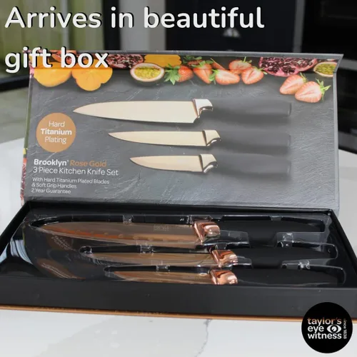 Vista 4 de Juego de 3 cuchillos de cocina de regalo - Brooklyn por Taylors Eye Witness. Refuerzos de color oro rosa, hojas afiladas como navajas finamente