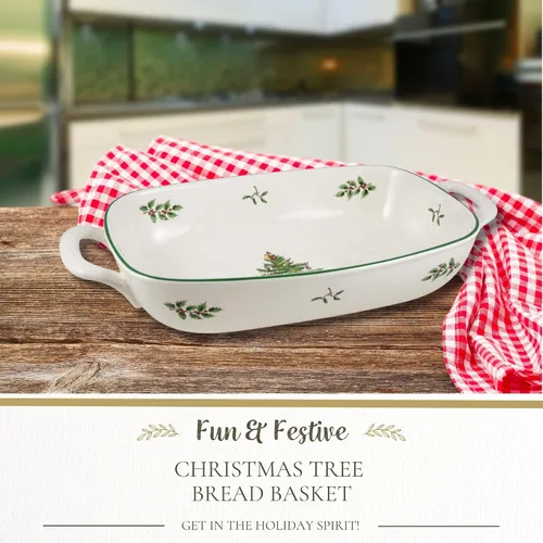 Vista 2 de Spode Cesta de Pan Ovalada Christmas Tree, Cuenco con Asa de 12 Pulgadas para Frutas, Pan, Galletas - Regalo de Porcelana, Vajilla Navideña y Plato