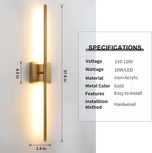 Vista 7 de Juego de 2 apliques de pared LED en oro cepillado con luz blanca cálida