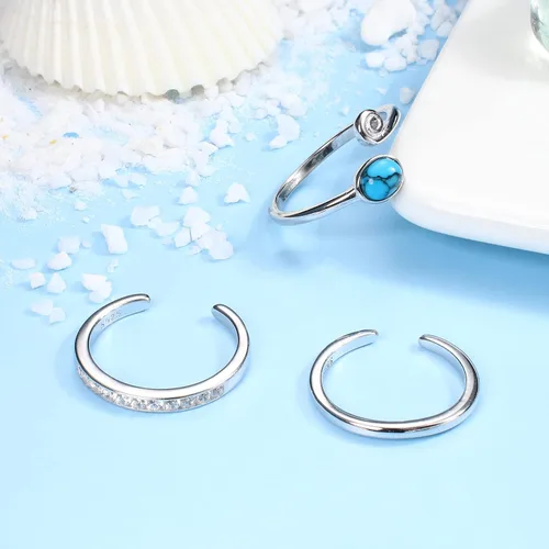 Vista 6 de Florideco Juego de 3 anillos de plata de ley S925 para mujer, con puntera abierta, ajuste cómodo, ajustable, nudo celta, turquesa, dedo del pie