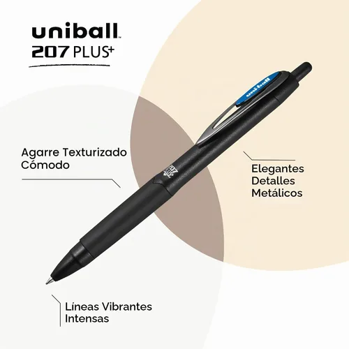 Vista 3 de Uni-Ball 207 Plus+ Bolígrafos de gel retráctiles, micro punta (0.5mm), azul, paquete de 12 unidades Retráctil, de secado rápido, escritura suave