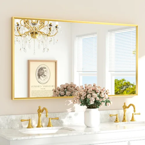 Vista 51 de TETOTE Espejo de baño dorado cepillado de 20" x 30", espejo de tocador de baño rectangular de latón dorado cepillado con marco biselado para sobre