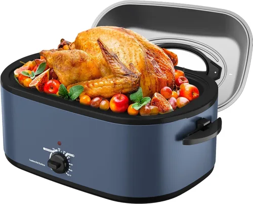 Vista 19 de Sunvivi Horno asador eléctrico con tapa visible, horno asador de pavo de 24 cuartos de galón con sartén y estante extraíbles, acero inoxidable