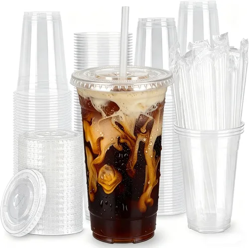 Vista 8 de Paquete de 100 vasos de plástico transparente de 16 onzas con tapas y pajitas, vasos desechables para café helado, a prueba de fugas, vasos de PET