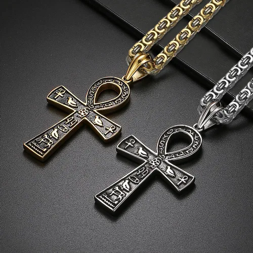 Vista 3 de Collar con colgante de cruz de Ankh copto egipcio antiguo de acero inoxidable para niños, mujeres y hombres, en cadena Rolo de 22 a 24 pulgadas