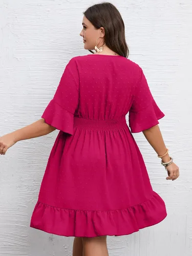 Vista 3 de SCOMCHIC Vestido de verano casual de talla grande para mujer, con lunares suizos, cuello en V, manga con volantes, vestido de playa bohemio