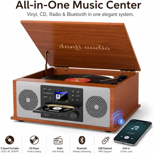 Vista 7 de Reproductor de discos multimedia 10 en 1 con altavoces, reproductor de CD, receptor Bluetooth, radio por Internet, grabación USB, tocadiscos de 3