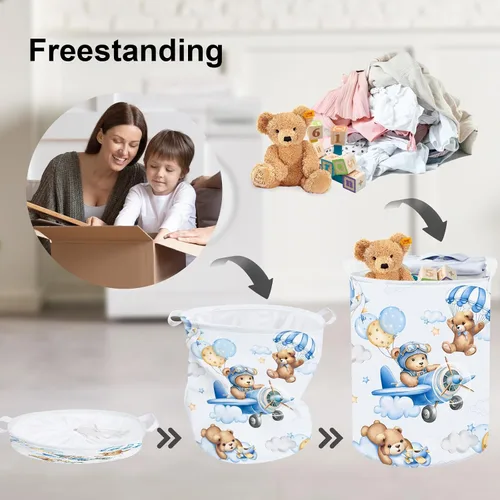 Vista 3 de Clastyle Cesta grande de 45 L con asa plegable para almacenamiento de juguetes con tapa para guardería y niños, con diseño de oso azul