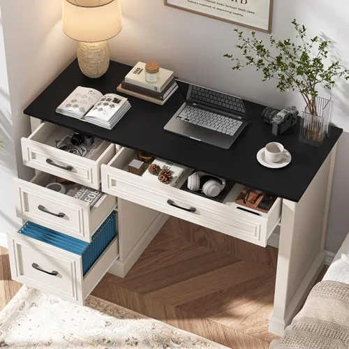 Vista 5 de Vabches Escritorio ejecutivo Farmhouse de 47 pulgadas con 3 cajones y cajón de archivos ajustable, escritorio de computadora para oficina en casa