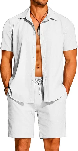 Vista 21 de COOFANDY Conjunto de 2 piezas de algodón y lino para hombre, camisas de manga corta con botones, pantalones cortos de playa de verano, trajes