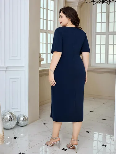 Vista 5 de Hanna Nikole Vestido midi de manga corta con cuello en V para mujer, talla grande, para invitadas de boda, cóctel, fiesta, eventos de negocios