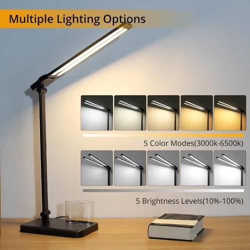 Vista 2 de Qooltek Lámpara de escritorio LED con control táctil, lámpara de mesa con 5 modos de color, brillo regulable para oficina en casa, brazo oscilante
