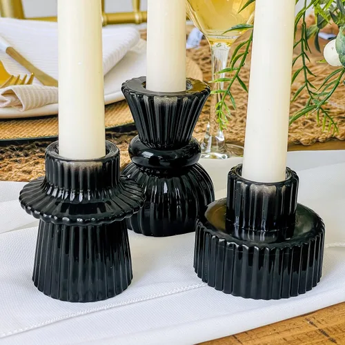 Vista 2 de Kate Aspen Portavelas de vidrio negro con nervaduras vintage, candelabro de pilar, portavelas para té y votivo (juego de 6, 3 tamaños surtidos)