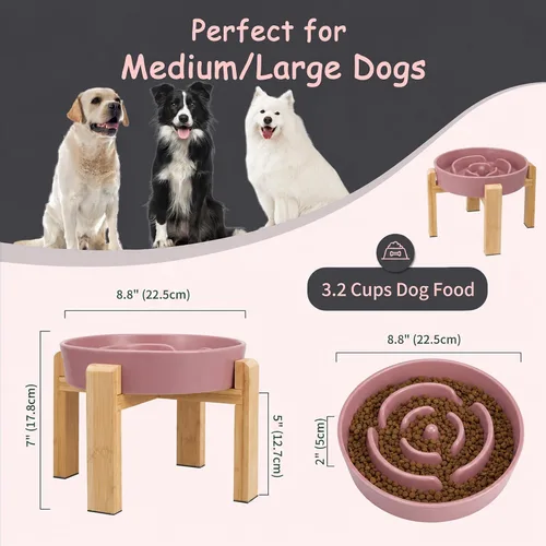 Vista 2 de Cuenco elevado para perros de alimentación lenta – Plato de comida de cerámica con soporte de bambú – Diseño de laberinto elevado – Ideal para Rosa