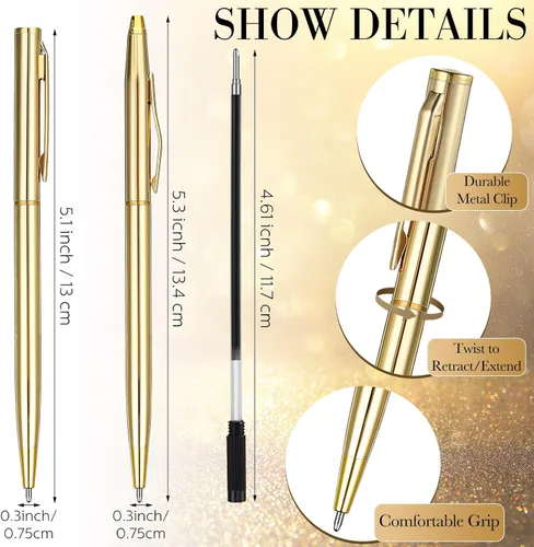 Vista 2 de Fuutreo Paquete de 12 Bolígrafos Dorados para Boda a Granel Bolígrafos de Metal Dorado Delgados Retráctiles con Tinta Negra Mini Cónicos