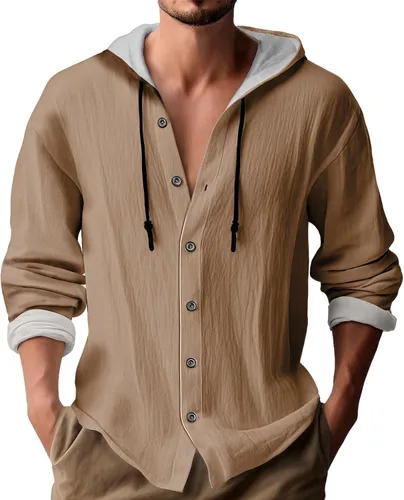 Vista 5 de Sudadera con capucha de manga larga para hombre, color liso, con botones, casual, ajuste holgado, para primavera, otoño, playa, con capucha