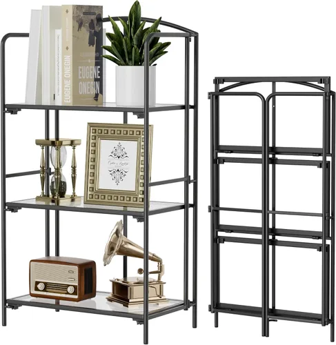 Vista 39 de Crofy - Estantería plegable sin montaje para sala de estar, estantería plegable de 2 niveles en color negro para oficina en casa, organizador