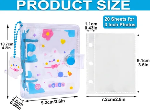 Vista 2 de 20 hojas, 40 bolsillos, 3 pulgadas, mini álbum de fotos en hojas sueltas, recargable, 3 anillos, carpeta transparente para tarjetas fotográficas
