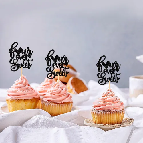 Vista 4 de Ercadio Paquete de 24 adornos para cupcakes y selecciones para baby shower y fiestas infantiles, decoraciones negras con purpurina