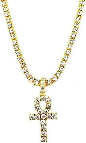 Vista 2 de COLGANTE DE CADENA DE CUBANA DE CUBANA DE MICRO DOBLE CROSS PARA HOMBRE HIP HOP GOLD ICED OUT GOLD, Metal, Circonita cúbica