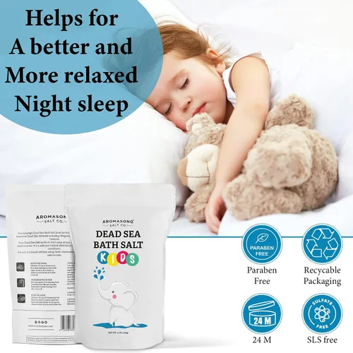 Vista 6 de Aromasong Sal del Mar Muerto para niños con aloe vera - Calmante, calmante y listo para dormir - Paquete resellable a granel de grano fino de 4