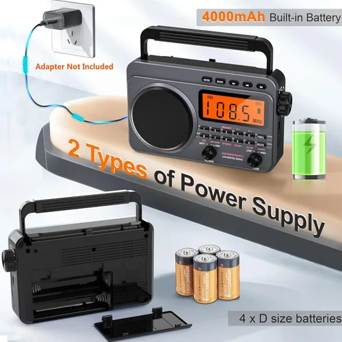 Vista 4 de Radio portátil con la mejor recepción, radio digital recargable de 4000 mAh AM FM portátil con tarjeta SD/reproducción USB, sintonizador digital