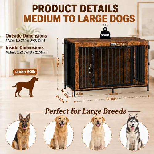 Vista 4 de Mueble de jaula de perro XL de 48 pulgadas para perros grandes y medianos, perrera de madera para interiores con 3 puertas, anillo de bloqueo
