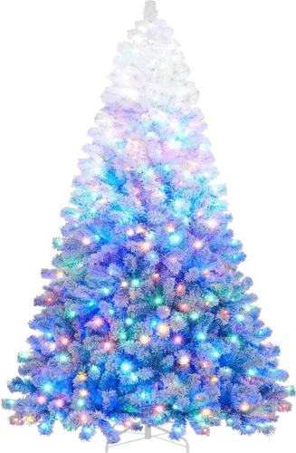 Vista 12 de Yaheetech Árbol de Navidad artificial de abeto preiluminado de 4.5 pies, flocado con nieve, con bisagras, con 100 luces LED multicolor y 340 puntas